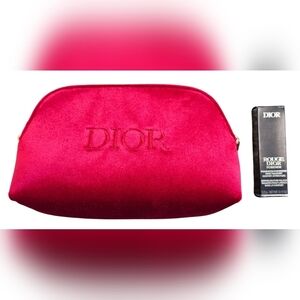 Christian Dior Red Velvet Pouch with Logo and Rouge Dior Lipstick #558. New!